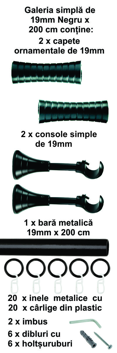 Galerie metalica Febris simpla 19 mm, Negru - imagine 4