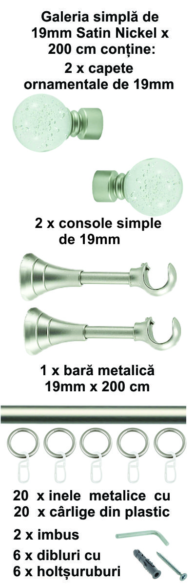 Galerie metalica Buble simpla 19 mm, satin nichel (argintiu mat) - imagine 5
