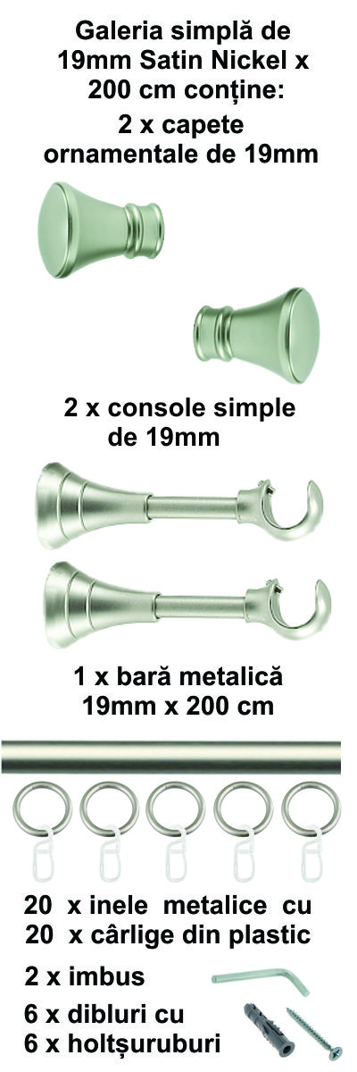 Galerie metalica Conic simpla 19 mm, satin nichel (argintiu mat) - imagine 5