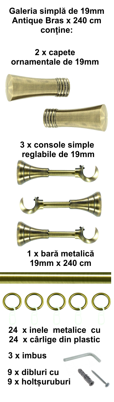 Galerie metalica Ahile simpla 19 mm, antique brass (auriu antic) - imagine 4