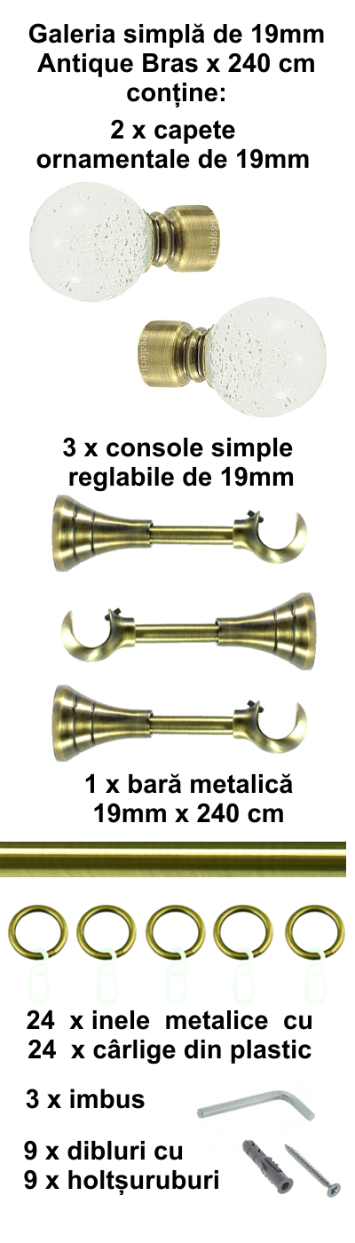 Galerie metalica Buble simpla 19 mm, antique brass (auriu antic) - imagine 4
