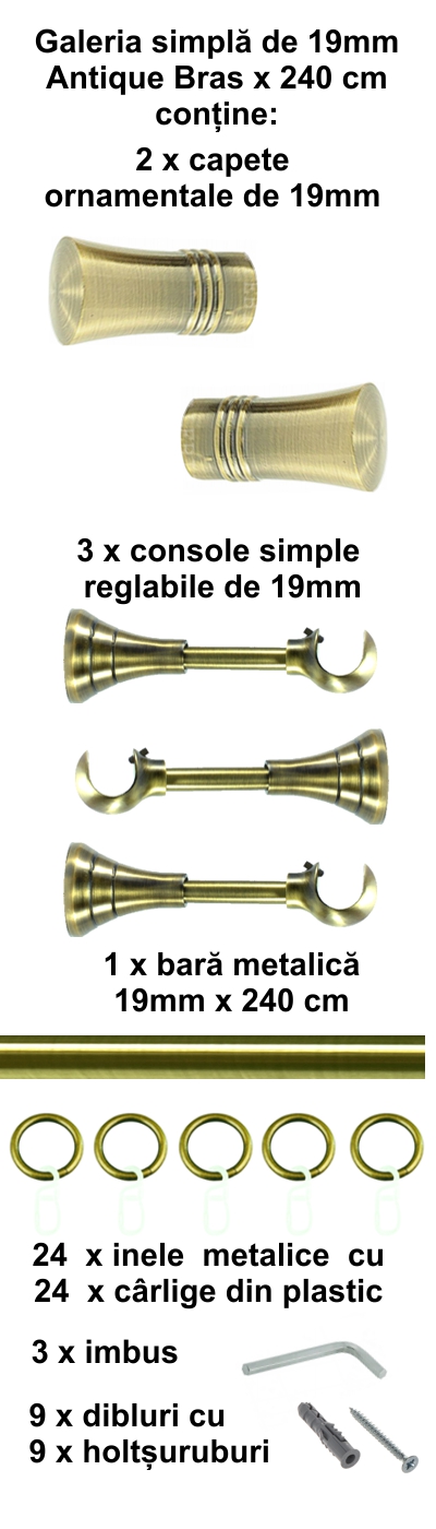 Galerie metalica Capri simpla 19 mm, antique brass (auriu antic) - imagine 4