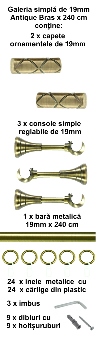 Galerie metalica Ciel simpla 19 mm, antique brass (auriu antic) - imagine 4