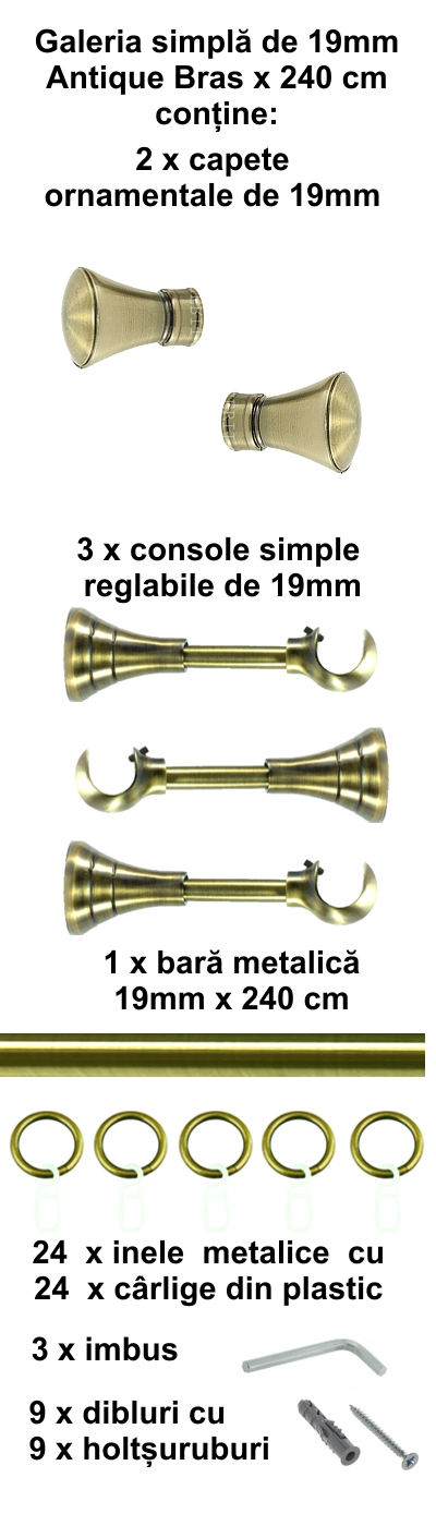 Galerie metalica Conic simpla 19 mm, antique brass (auriu antic) - imagine 4