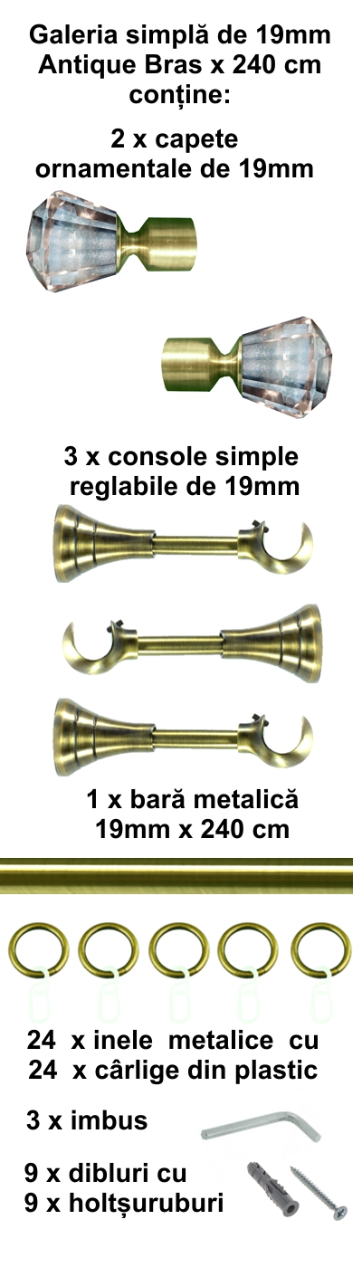 Galerie metalica Cristal simpla 19 mm, antique brass (auriu antic) - imagine 4