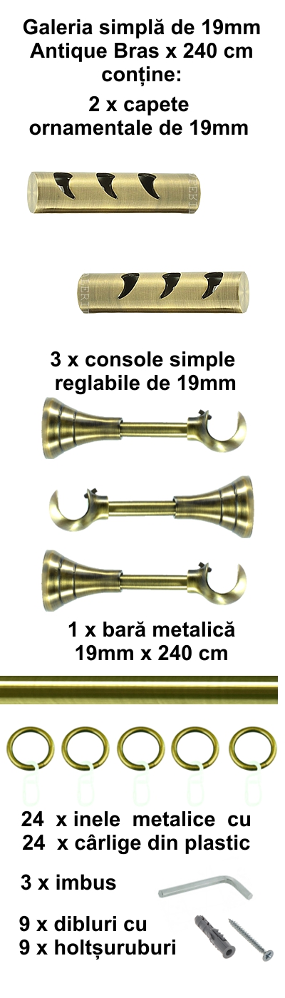 Galerie metalica Drop simpla 19 mm, antique brass (auriu antic) - imagine 4