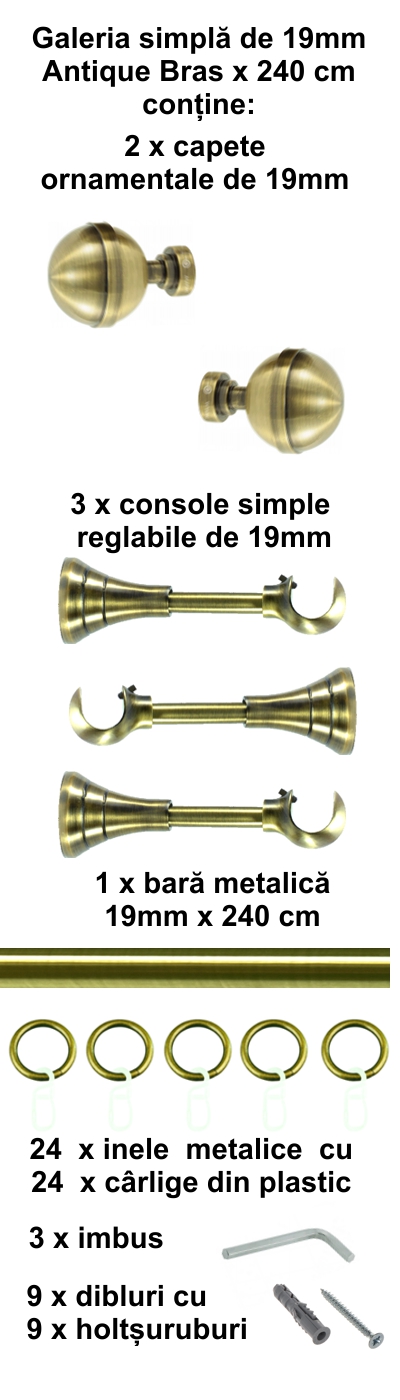 Galerie metalica Kalisto simpla 19 mm, antique brass (auriu antic) - imagine 4