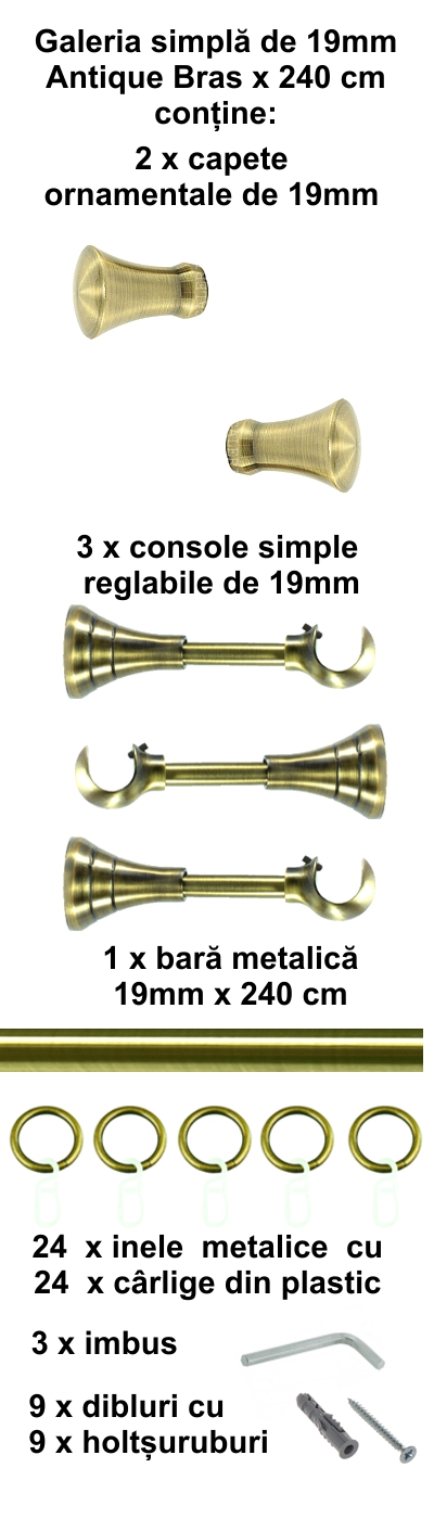Galerie metalica Monaco simpla 19 mm, antique brass (auriu antic) - imagine 4