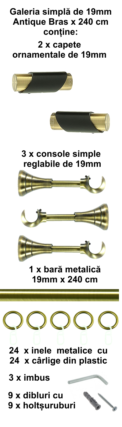 Galerie metalica Paris simpla 19 mm, antique brass (auriu antic) - imagine 4