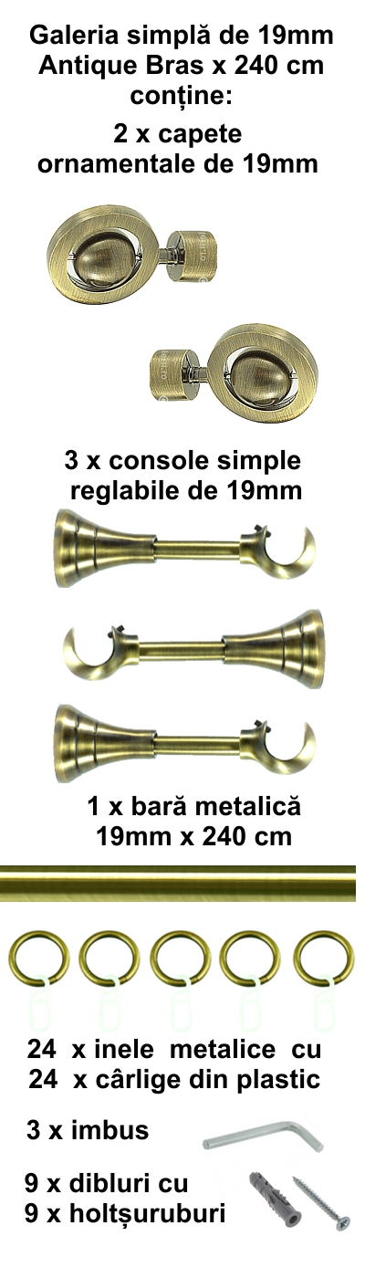 Galerie metalica Seti simpla 19 mm, antique brass (auriu antic) - imagine 4