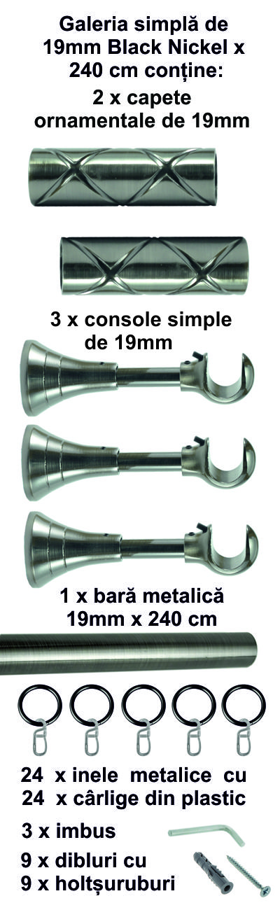 Galerie metalica Cristal simpla 19 mm, Black Nickel - imagine 5