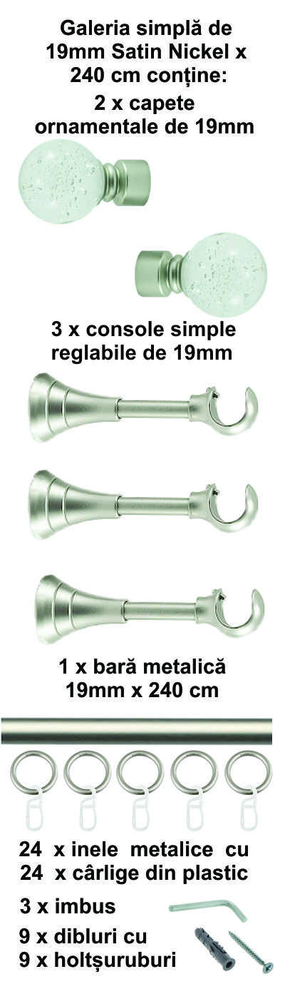 Galerie metalica Buble simpla 19 mm, satin nichel (argintiu mat) - imagine 6
