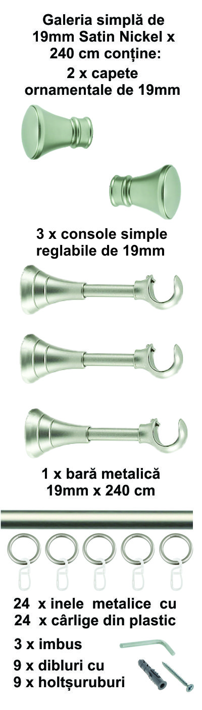 Galerie metalica Conic simpla 19 mm, satin nichel (argintiu mat) - imagine 6