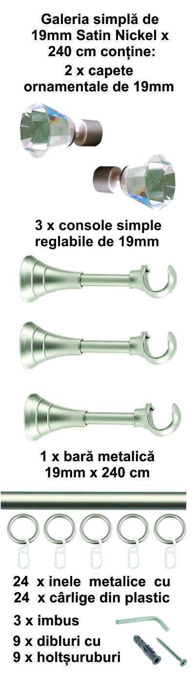 Galerie metalica Cristal simpla 19 mm, satin nichel (argintiu mat) - imagine 6