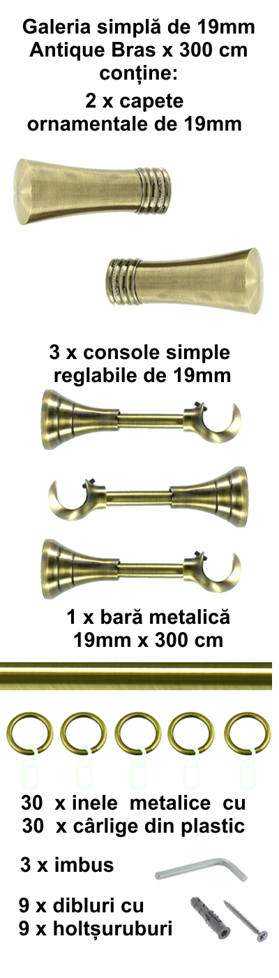 Galerie metalica Ahile simpla 19 mm, antique brass (auriu antic) - imagine 5