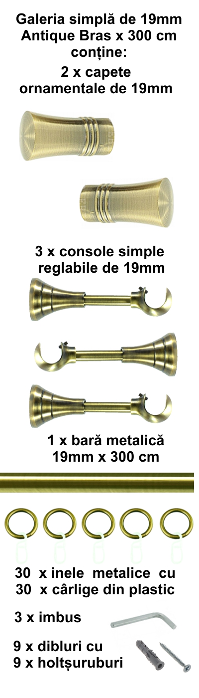 Galerie metalica Capri simpla 19 mm, antique brass (auriu antic) - imagine 5
