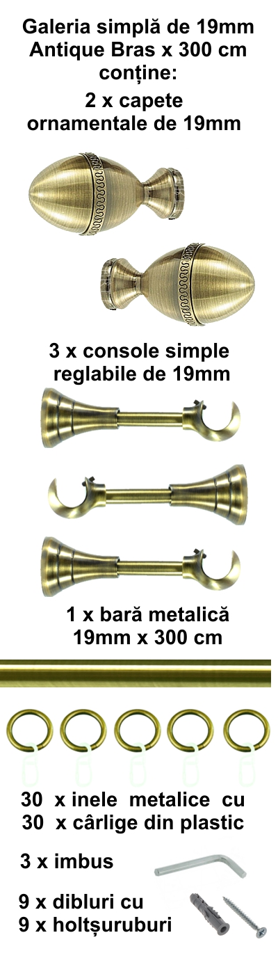 Galerie metalica Cezar simpla 19 mm, antique brass (auriu antic) - imagine 5