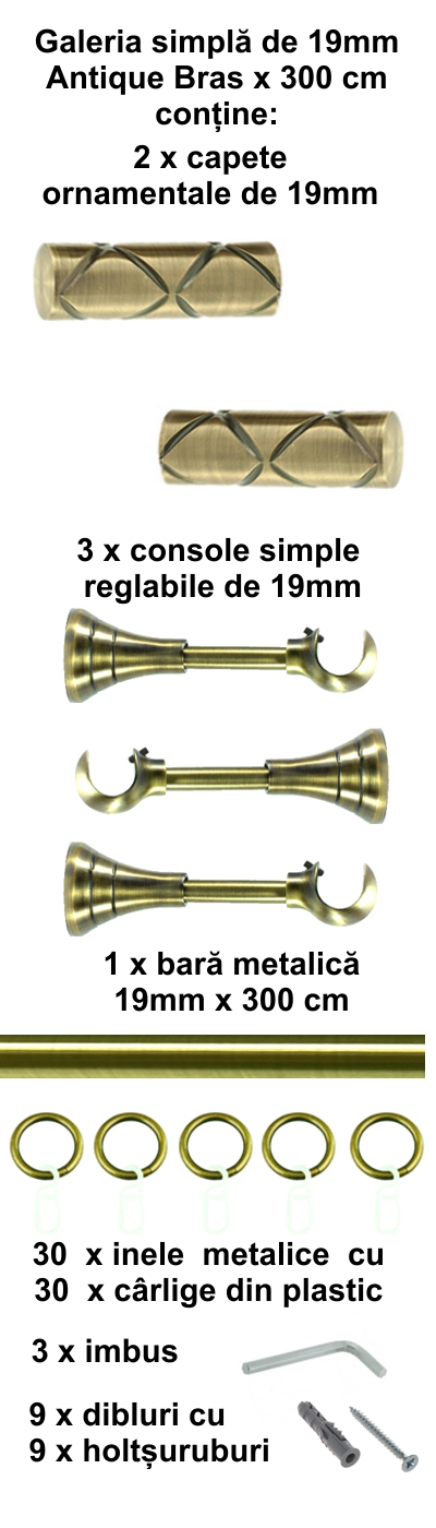 Galerie metalica Ciel simpla 19 mm, antique brass (auriu antic) - imagine 5