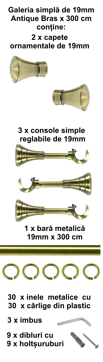 Galerie metalica Conic simpla 19 mm, antique brass (auriu antic) - imagine 5