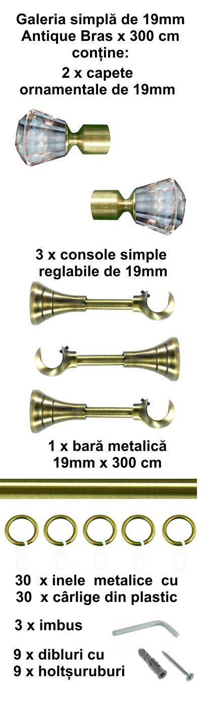 Galerie metalica Cristal simpla 19 mm, antique brass (auriu antic) - imagine 5
