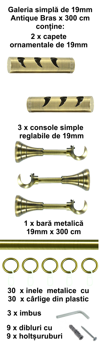Galerie metalica Drop simpla 19 mm, antique brass (auriu antic) - imagine 5