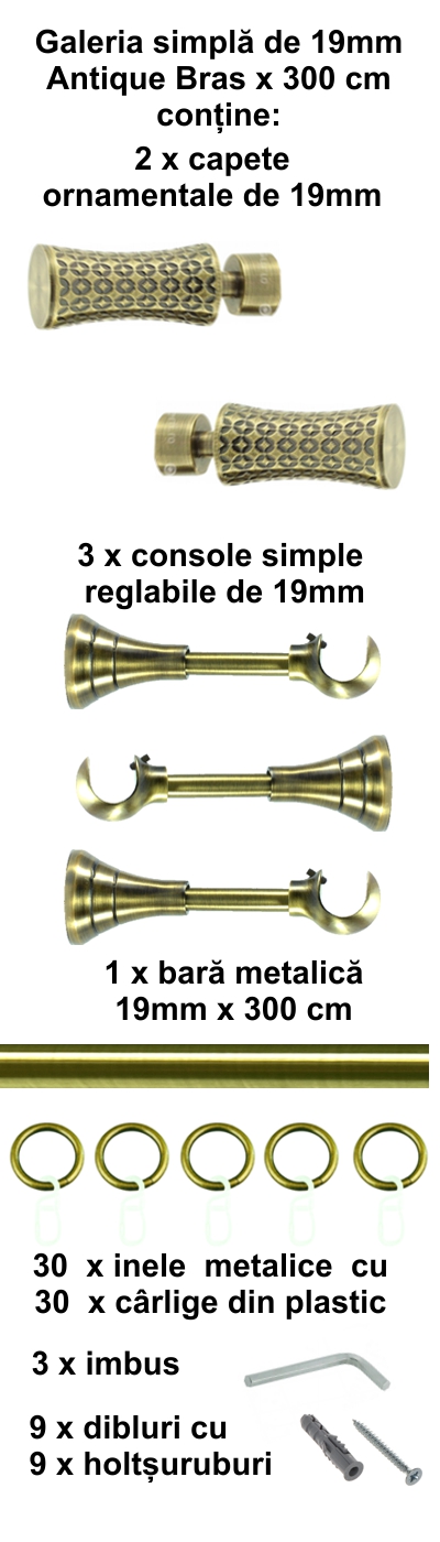 Galerie metalica Jaris simpla 19 mm, antique brass (auriu antic) - imagine 5