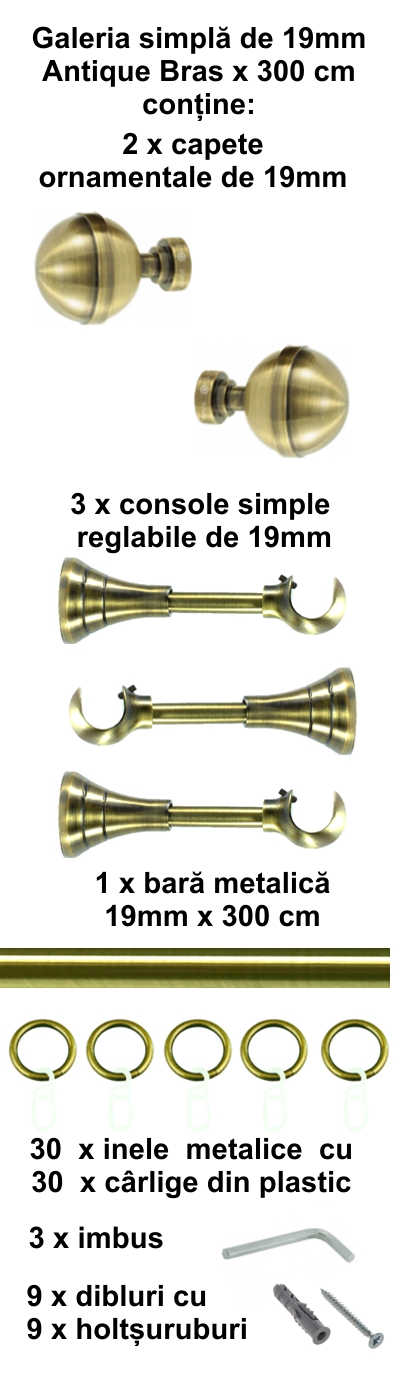 Galerie metalica Kalisto simpla 19 mm, antique brass (auriu antic) - imagine 2
