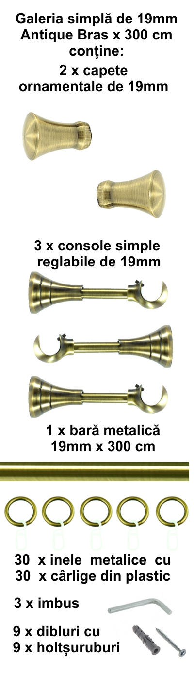Galerie metalica Monaco simpla 19 mm, antique brass (auriu antic) - imagine 5