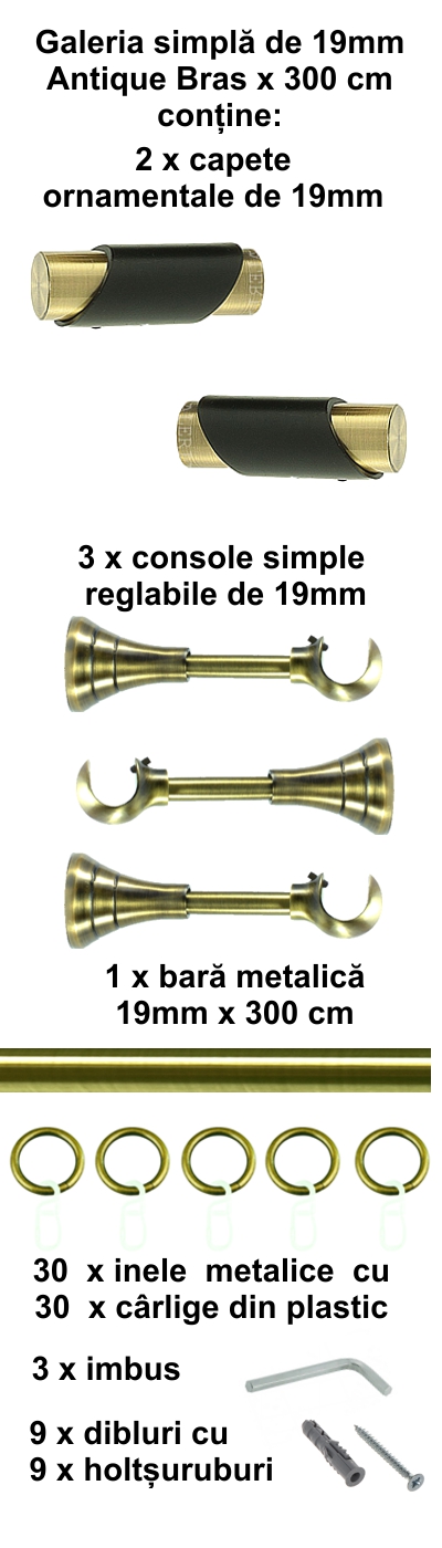 Galerie metalica Paris simpla 19 mm, antique brass (auriu antic) - imagine 5