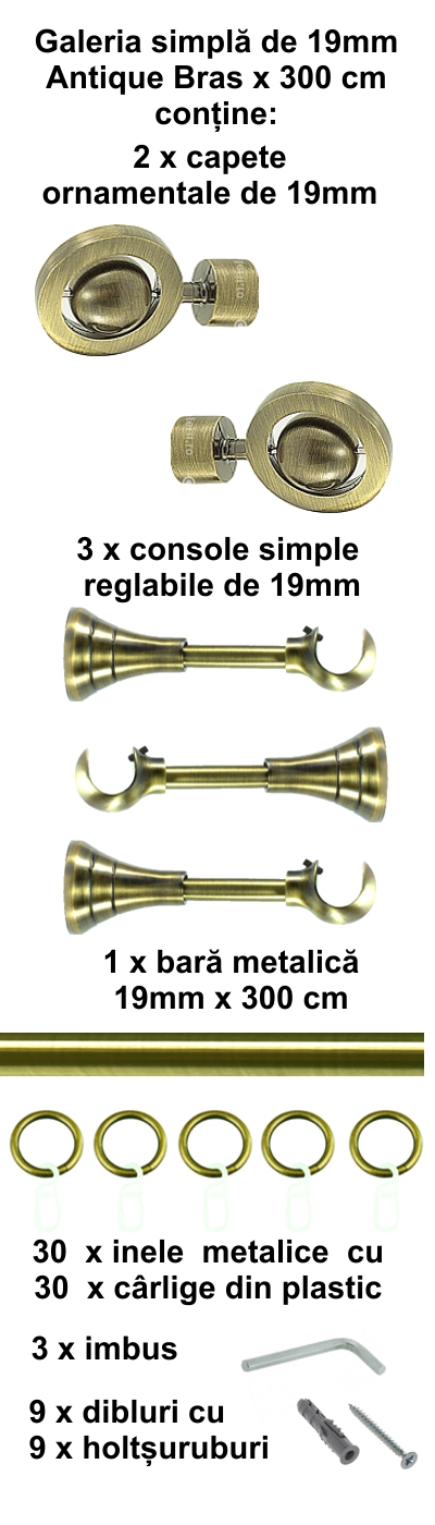 Galerie metalica Seti simpla 19 mm, antique brass (auriu antic) - imagine 5