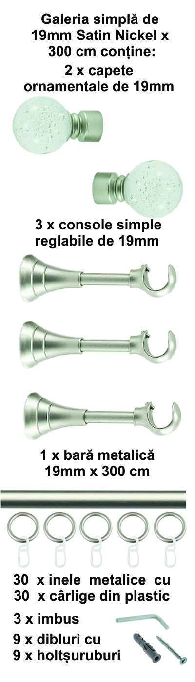 Galerie metalica Buble simpla 19 mm, satin nichel (argintiu mat) - imagine 7