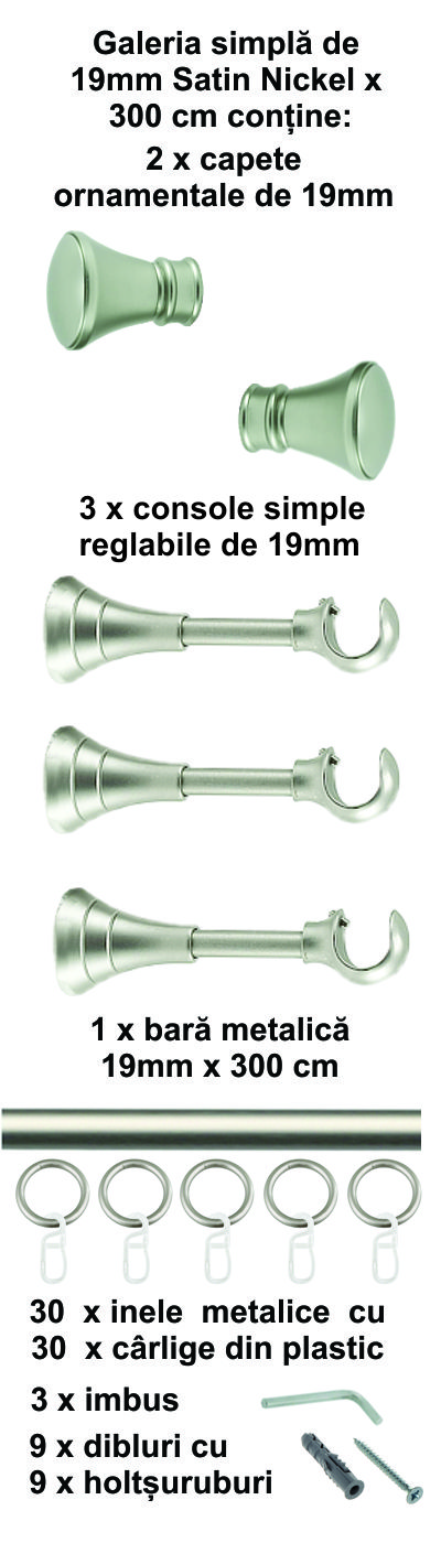 Galerie metalica Conic simpla 19 mm, satin nichel (argintiu mat) - imagine 7