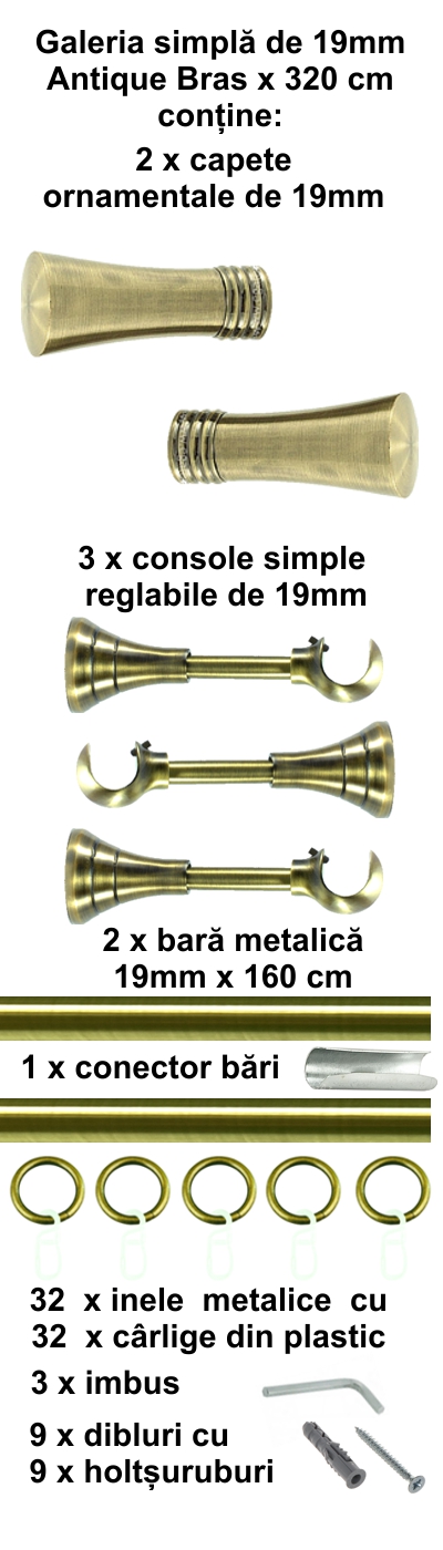 Galerie metalica Ahile simpla 19 mm, antique brass (auriu antic) - imagine 6
