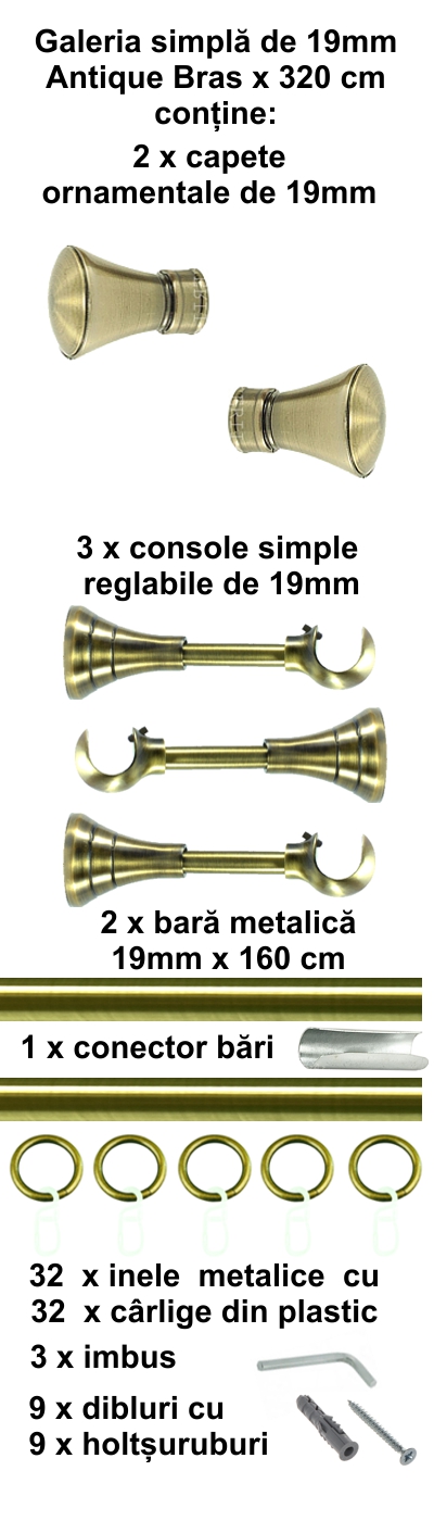 Galerie metalica Conic simpla 19 mm, antique brass (auriu antic) - imagine 6