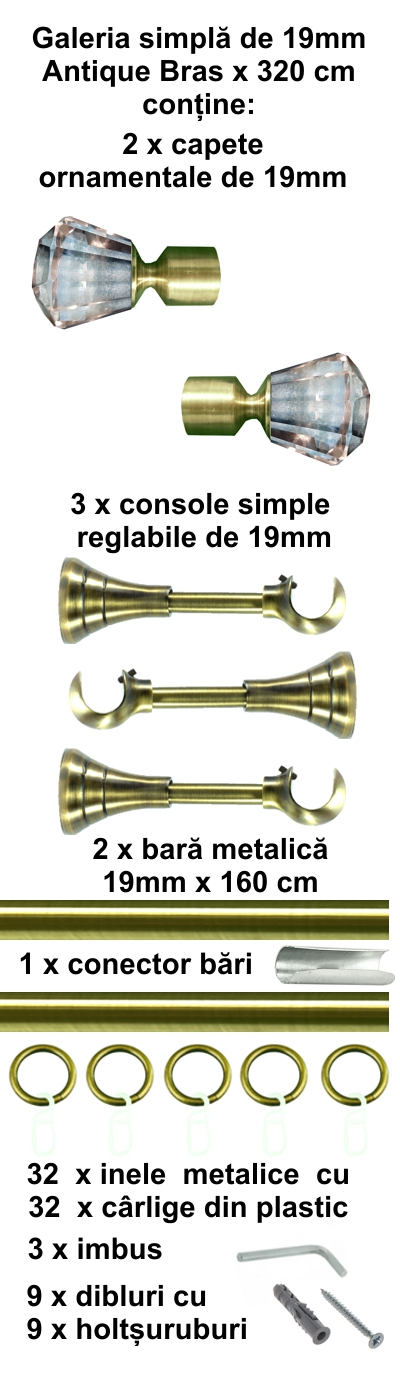 Galerie metalica Cristal simpla 19 mm, antique brass (auriu antic) - imagine 9
