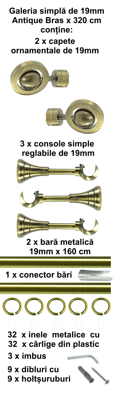 Galerie metalica Seti simpla 19 mm, antique brass (auriu antic) - imagine 6
