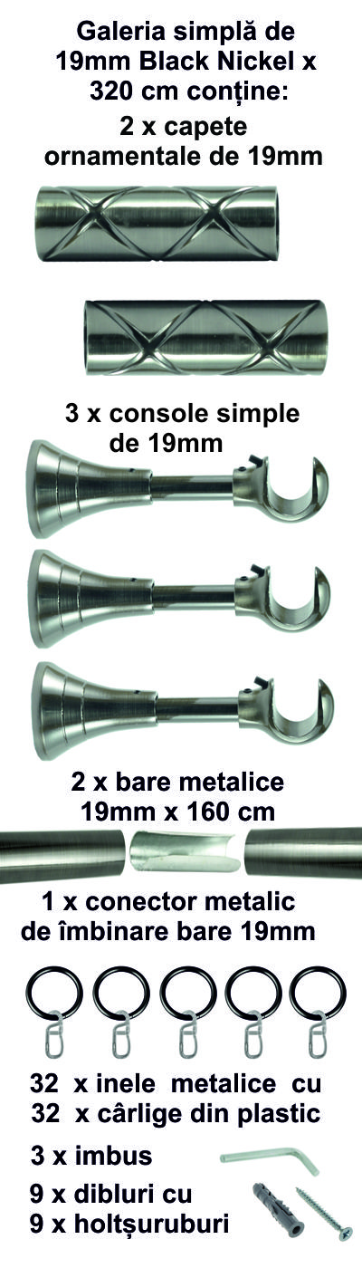 Galerie metalica Cristal simpla 19 mm, Black Nickel - imagine 7