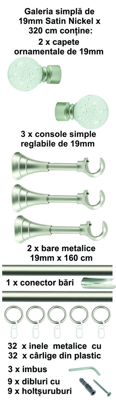 Galerie metalica Buble simpla 19 mm, satin nichel (argintiu mat) - imagine 8