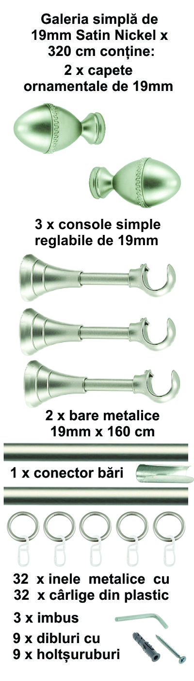 Galerie metalica Cezar simpla 19 mm, satin nichel (argintiu mat) - imagine 8