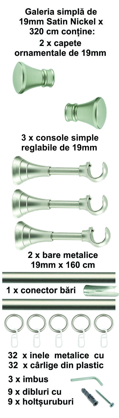 Galerie metalica Conic simpla 19 mm, satin nichel (argintiu mat) - imagine 8