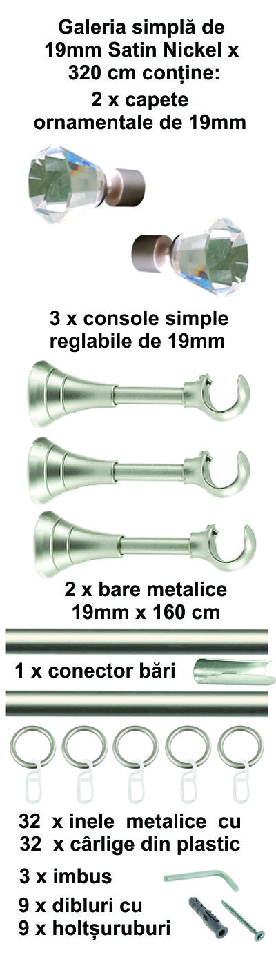 Galerie metalica Cristal simpla 19 mm, satin nichel (argintiu mat) - imagine 8