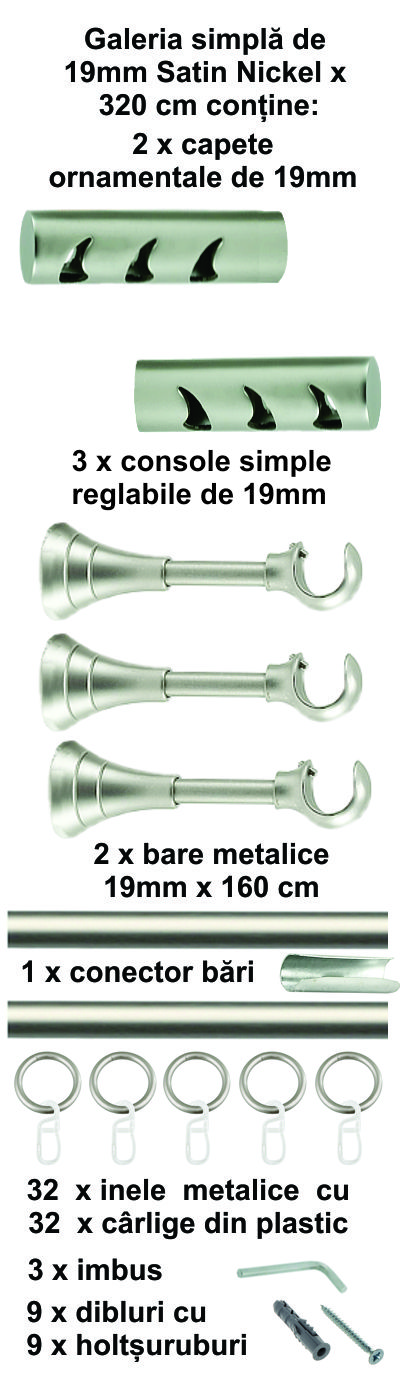 Galerie metalica Drop simpla 19 mm, satin nichel (argintiu mat) - imagine 8