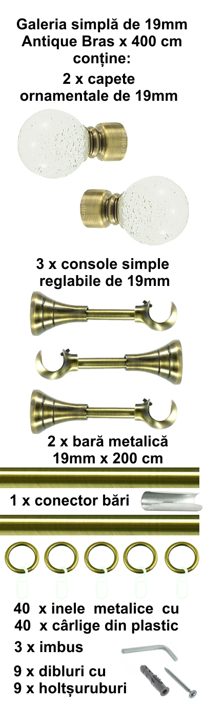 Galerie metalica Buble simpla 19 mm, antique brass (auriu antic) - imagine 9