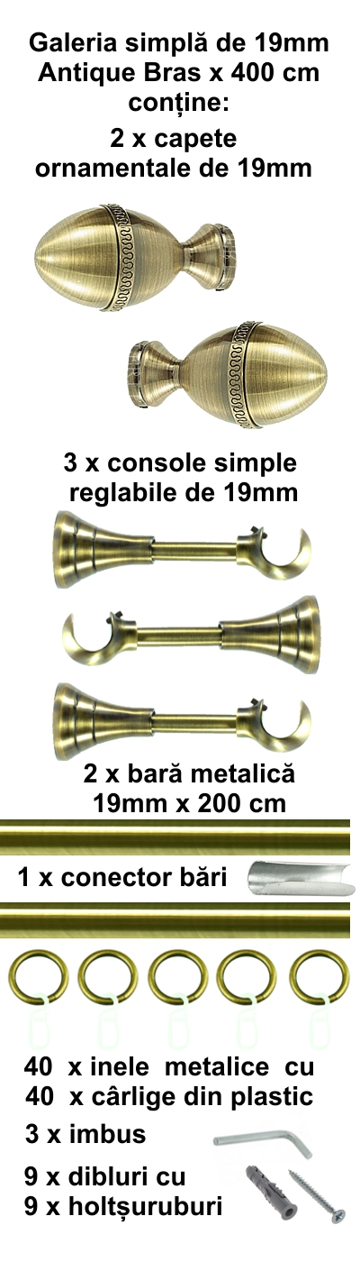Galerie metalica Cezar simpla 19 mm, antique brass (auriu antic) - imagine 9