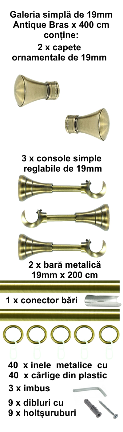 Galerie metalica Conic simpla 19 mm, antique brass (auriu antic) - imagine 9