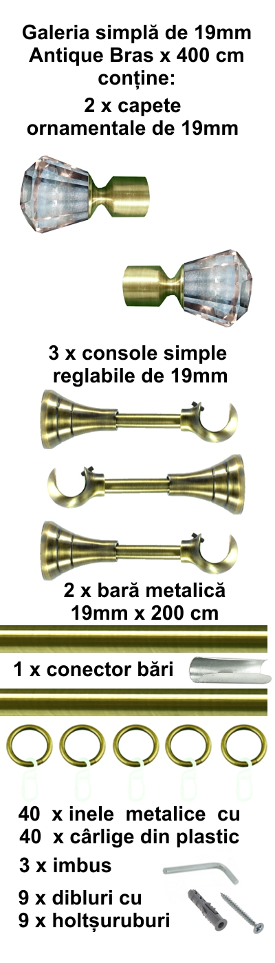 Galerie metalica Cristal simpla moderna 19 mm, antique brass (auriu antic) - imagine 2