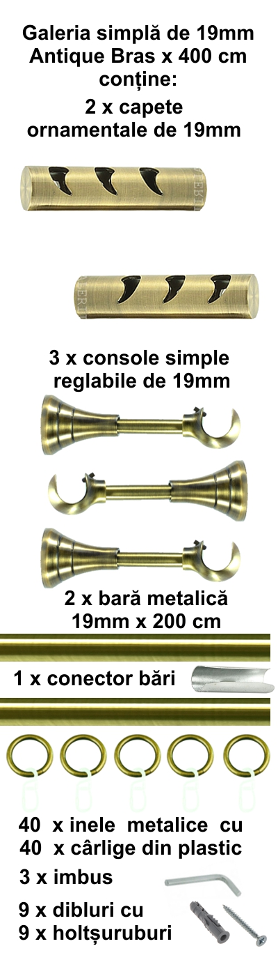 Galerie metalica Drop simpla 19 mm, antique brass (auriu antic) - imagine 9