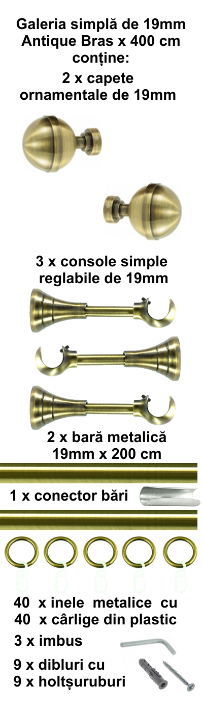 Galerie metalica Kalisto simpla 19 mm, antique brass (auriu antic) - imagine 9