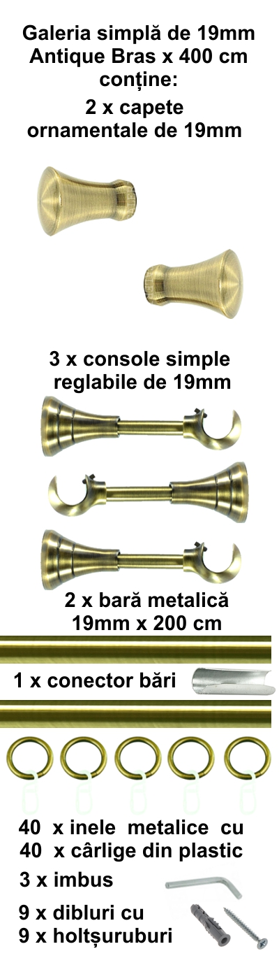 Galerie metalica Monaco simpla 19 mm, antique brass (auriu antic) - imagine 9