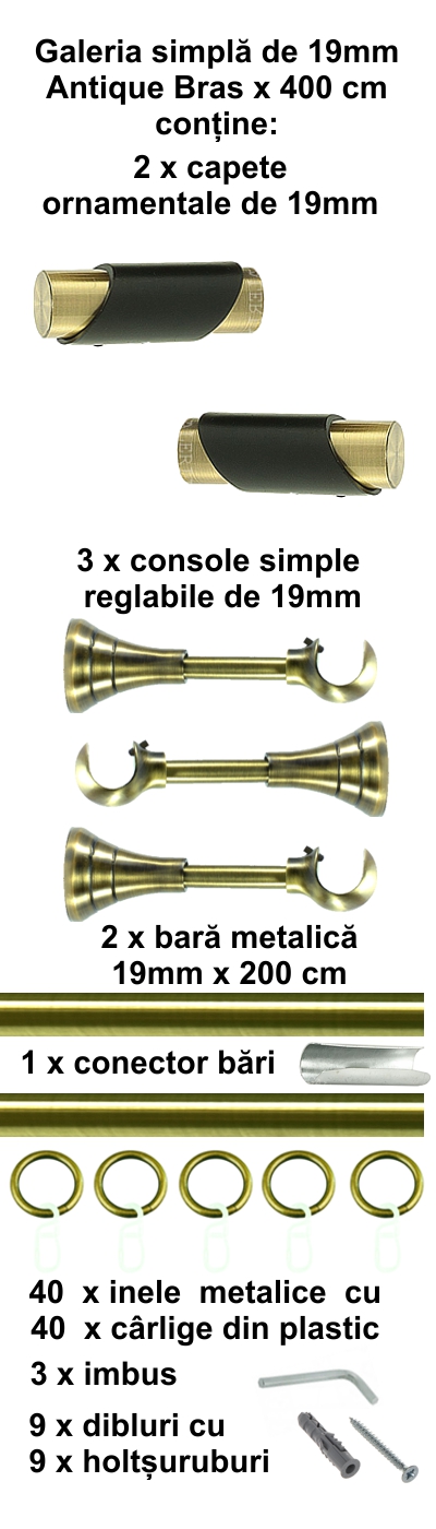 Galerie metalica Paris simpla 19 mm, antique brass (auriu antic) - imagine 9